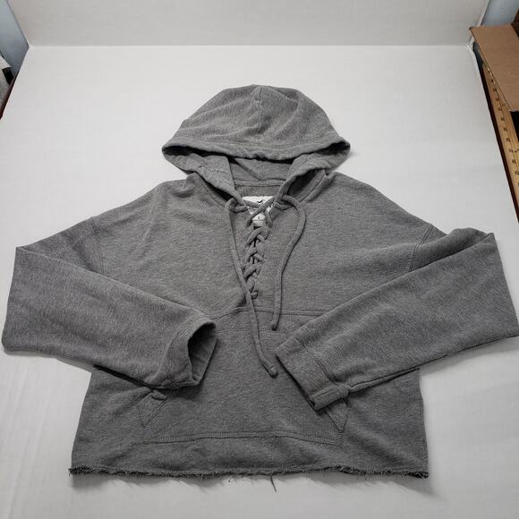 Hollister Cropped Hoodie Womens Small Gray Lace Up Casual Loungewear Pilates - Picture 11 of 14